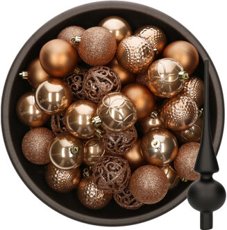 Bellatio Decorations 37x stuks kunststof kerstballen camel bruin 6 cm incl. glazen piek zwart