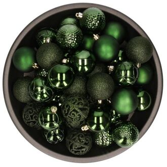 Bellatio Decorations 37x stuks kunststof kerstballen donkergroen 6 cm glans/mat/glitter mix - Kerstbal