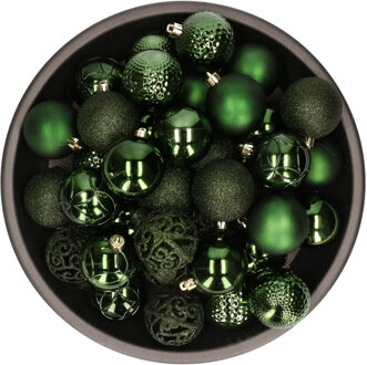Bellatio Decorations 37x stuks kunststof kerstballen donkergroen 6 cm glans/mat/glitter mix