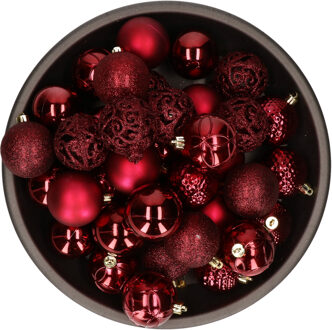 Bellatio Decorations 37x stuks kunststof kerstballen donkerrood (oxblood) 6 cm glans/mat/glitter mix - Kerstbal