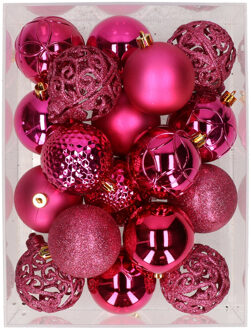Bellatio Decorations 37x stuks kunststof kerstballen felroze 6 cm