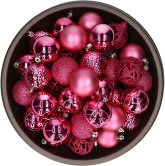 Bellatio Decorations 37x stuks kunststof kerstballen fuchsia roze 6 cm glans/mat/glitter mix