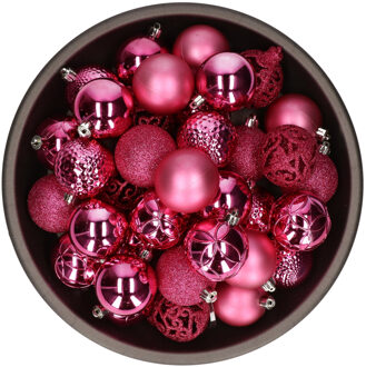 Bellatio Decorations 37x stuks kunststof kerstballen fuchsia roze 6 cm glans/mat/glitter mix