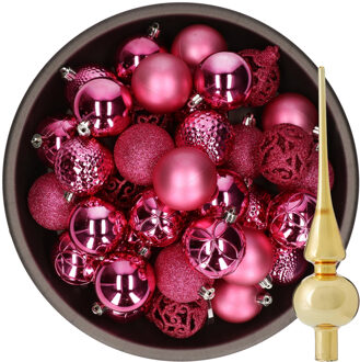 Bellatio Decorations 37x stuks kunststof kerstballen fuchsia roze 6 cm incl. glazen piek goud