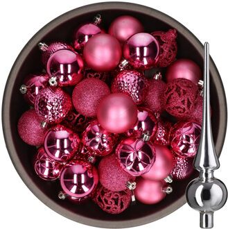 Bellatio Decorations 37x stuks kunststof kerstballen fuchsia roze 6 cm incl. glazen piek zilver