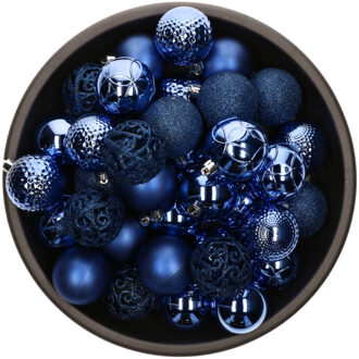 Bellatio Decorations 37x stuks kunststof kerstballen kobalt blauw 6 cm inclusief zilveren kerstboomhaakjes - Kerstbal