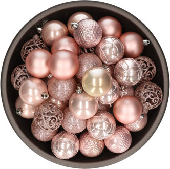 Bellatio Decorations 37x stuks kunststof kerstballen lichtroze (blush pink) 6 cm glans/mat/glitter mix