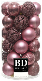 Bellatio Decorations 37x stuks kunststof kerstballen oudroze 6 cm inclusief kerstbalhaakjes
