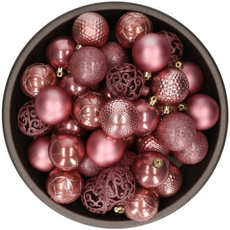 Bellatio Decorations 37x stuks kunststof kerstballen oudroze (velvet pink) 6 cm glans/mat/glitter mix