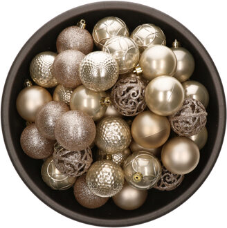 Bellatio Decorations 37x stuks kunststof kerstballen parel/champagne 6 cm glans/mat/glitter mix - Kerstbal Champagnekleurig