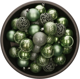 Bellatio Decorations 37x stuks kunststof kerstballen salie groen 6 cm glans/mat/glitter mix