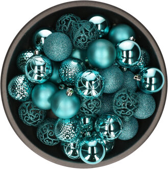 Bellatio Decorations 37x stuks kunststof kerstballen turquoise blauw 6 cm glans/mat/glitter mix - Kerstbal