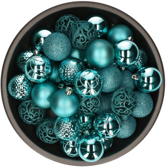 Bellatio Decorations 37x stuks kunststof kerstballen turquoise blauw 6 cm glans/mat/glitter mix