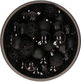 Bellatio Decorations 37x stuks kunststof kerstballen zwart 6 cm glans/mat/glitter mix