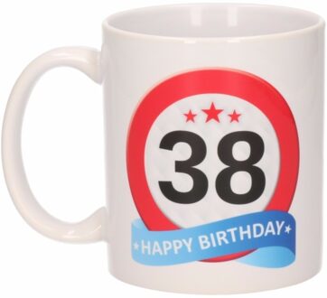 Bellatio Decorations 38 jaar Verjaardag koffiemok - cadeau beker - stopbord print - 300 ml - keramiek - wit