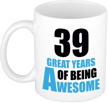 Bellatio Decorations 39 great years of being awesome cadeau mok / beker wit en blauw - verjaardagscadeau 39 jaar - feest mokken