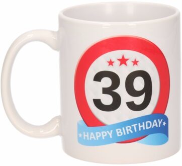 Bellatio Decorations 39 jaar Verjaardag koffiemok - cadeau beker - stopbord print - 300 ml - keramiek - wit