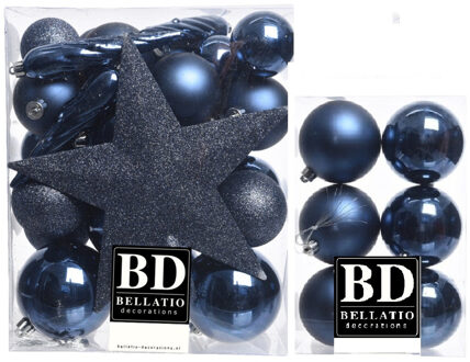 Bellatio Decorations 39x stuks kunststof kerstballen met ster piek donkerblauw mix - Kerstbal