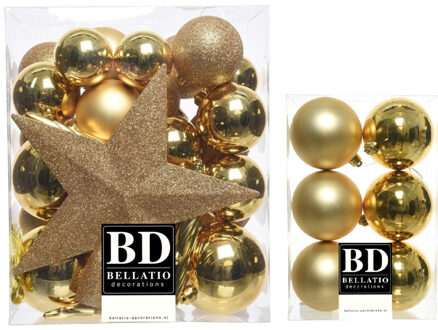 Bellatio Decorations 39x stuks kunststof kerstballen met ster piek goud mix 5, 6 en 8 cm - Kerstbal Goudkleurig