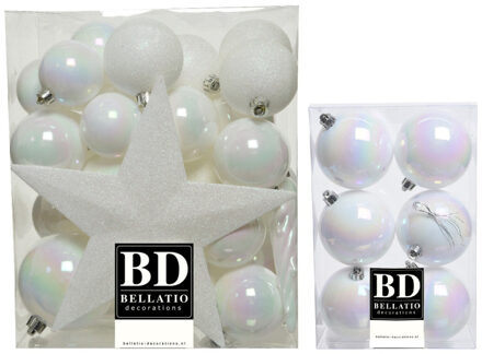 Bellatio Decorations 39x stuks kunststof kerstballen met ster piek parelmoer wit mix - Kerstbal