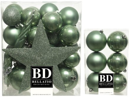 Bellatio Decorations 39x stuks kunststof kerstballen met ster piek salie groen mix - Kerstbal