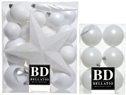 Bellatio Decorations 39x stuks kunststof kerstballen met ster piek wit mix - Kerstbal