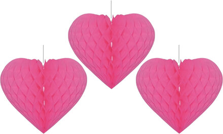 Bellatio Decorations 3x Fuchsia roze deco hartje - 15 cm - papier - Feestversiering - Hangdecoratie