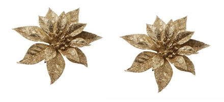 Bellatio Decorations 3x Kerstboomversiering bloem op clip gouden kerstster 18 cm - kerstfiguren - gouden kerstversieringen