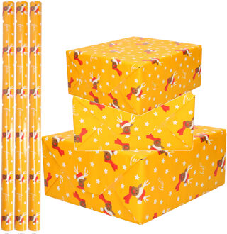 Bellatio Decorations 3x Rollen Kerst inpakpapier/cadeaupapier oker geel/rendieren fun 2,5 x 0,7 meter