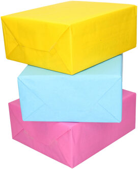 Bellatio Decorations 3x Rollen kraft inpakpapier geel/lichtblauw/roze 200 x 70 cm