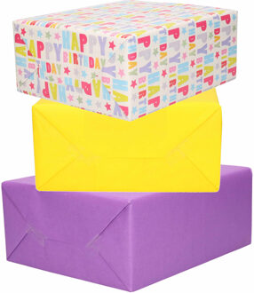 Bellatio Decorations 3x Rollen kraft inpakpapier geel/paars/happy birthday 200 x 70 cm