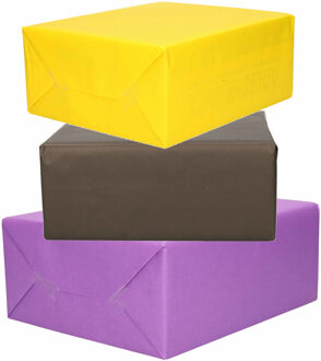 Bellatio Decorations 3x Rollen kraft inpakpapier geel/zwart/paars 200 x 70 cm