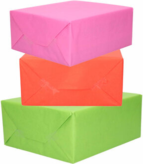 Bellatio Decorations 3x Rollen kraft inpakpapier groen/roze/rood 200 x 70 cm - Cadeaupapier