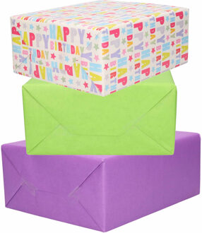 Bellatio Decorations 3x Rollen kraft inpakpapier paars/groen/happy birthday 200 x 70 cm