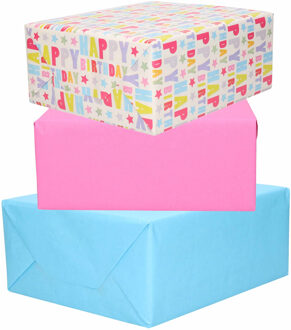 Bellatio Decorations 3x Rollen kraft inpakpapier roze/lichtblauw/happy birthday 200 x 70 cm - Cadeaupapier