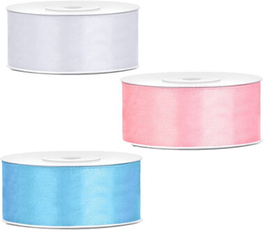 Bellatio Decorations 3x rollen satijn cadeaulint - 2.5 cm x 25 meter - Baby shower kleuren mix
