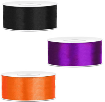 Bellatio Decorations 3x rollen satijn cadeaulint - 2.5 cm x 25 meter - Halloween kleuren mix