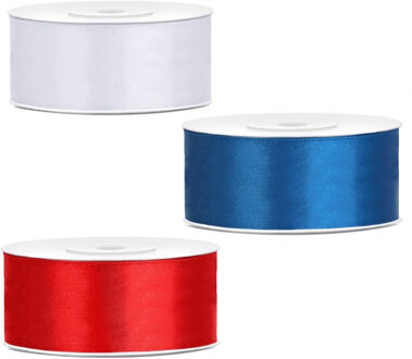 Bellatio Decorations 3x rollen satijn cadeaulint - 2.5 cm x 25 meter - Vlag Nederland kleuren mix