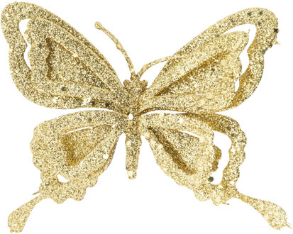 Bellatio Decorations 3x stuks decoratie vlinders op clip glitter goud 14 cm - Kersthangers Goudkleurig