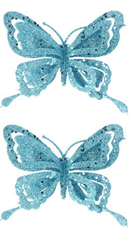 Bellatio Decorations 3x stuks decoratie vlinders op clip glitter ijsblauw 14 cm - Kersthangers