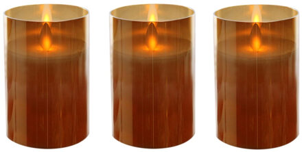 Bellatio Decorations 3x Stuks Luxe Led Kaarsen/stompkaarsen In Gouden Glas 10 Cm Flakkerend - Led Kaarsen Goudkleurig