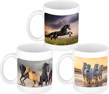 Bellatio Decorations 3x stuks Paarden afbeeldingen mokken / bekers wit 300 ml