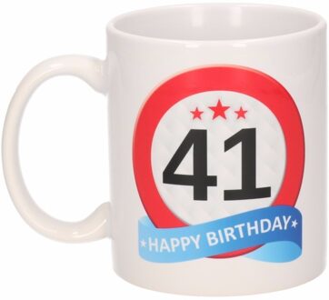 Bellatio Decorations 41 jaar Verjaardag koffiemok - cadeau beker - stopbord print - 300 ml - keramiek - wit