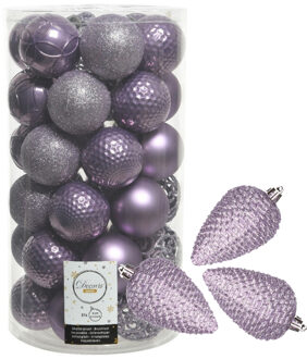 Bellatio Decorations 43x stuks kunststof kerstballen en dennenappel ornamenten lila paars