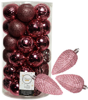 Bellatio Decorations 43x stuks kunststof kerstballen en dennenappel ornamenten lippenstift roze