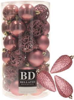 Bellatio Decorations 43x stuks kunststof kerstballen en dennenappel ornamenten oudroze
