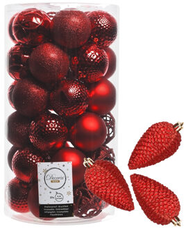 Bellatio Decorations 43x stuks kunststof kerstballen en dennenappel ornamenten rood - Kerstbal