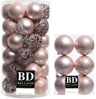 Bellatio Decorations 43x stuks kunststof kerstballen lichtroze (blush pink) 6 en 8 cm glans/mat/glitter mix - Kerstbal