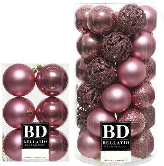 Bellatio Decorations 43x stuks kunststof kerstballen oudroze (velvet pink) 6 en 8 cm glans/mat/glitter mix