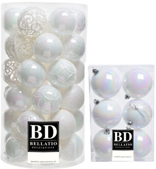 Bellatio Decorations 43x stuks kunststof kerstballen parelmoer wit 6 en 8 cm glans/mat/glitter mix